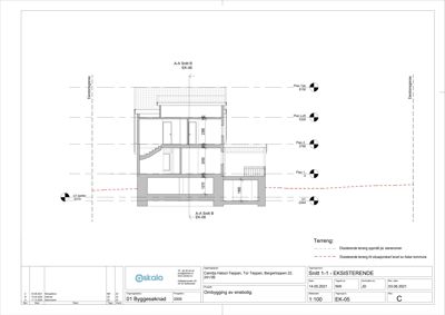 Snittegning (A-A Snitt B) som viser tverrsnittet av en eksisterende bolig med høydeangivelser og etasjer.