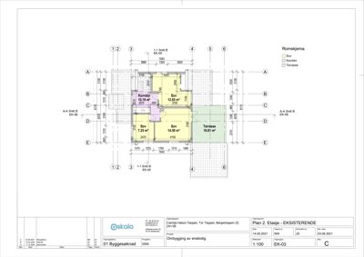 Etasjeplan (Plan 2) som viser romfordeling, arealer og dimensjoner for en eksisterende bygning.