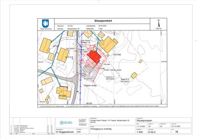 Situasjonsplan som viser tomtens plassering i forhold til nabolag, veier og andre eiendommer.