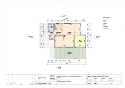 Etasjeplan (1. Etasje) som viser romfordeling, arealer og dimensjoner for en bolig.