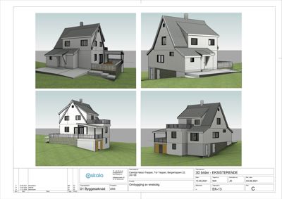 Bildet viser fire 3D-visualiseringer av en bolig fra ulike vinkler.