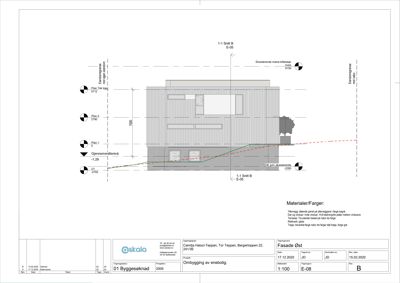 Fasadetegning som viser bygningens utseende sett fra siden, inkludert høyder, nivåer og materialvalg.