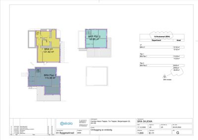 Etasjeplan som viser romfordeling og bruksareal (BRA) for tre ulike plan i en bygning.