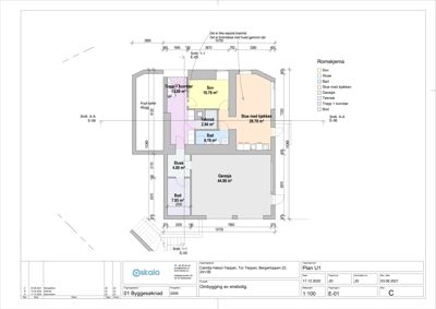 Etasjeplan (etasjeplan) som viser romfordeling, arealer og dimensjoner for en bolig.