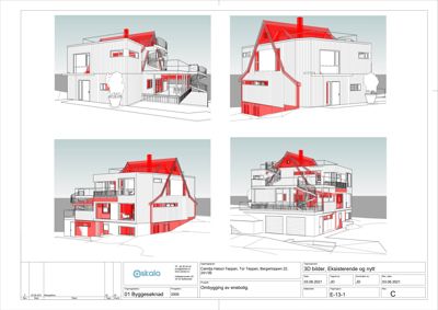 Bildet viser fire 3D-visualiseringer av en bolig med utvendige fasader og detaljer som trapper og balkonger.