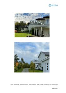 To fotografier av en hvit villa med en utvendig terrasse og en vei som fører opp til huset.