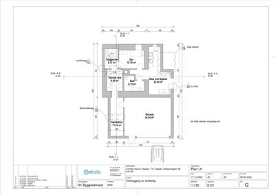 Etasjeplan som viser romfordeling, arealer og bygningsstruktur for en enebolig.