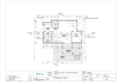 Etasjeplan som viser romfordeling, arealer og veggposisjon for en bolig.