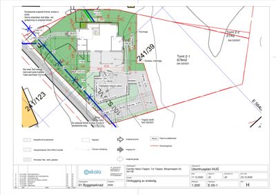 Situasjonsplan som viser tomtsgrenser, areal, høydeforhold og planlagt bebyggelse.