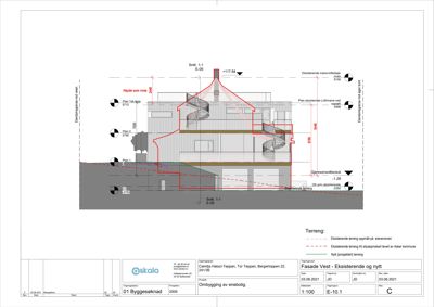Snittegning (Snitt 1-1) som viser bygningens tverrsnitt, høyder og konstruksjonsdetaljer.