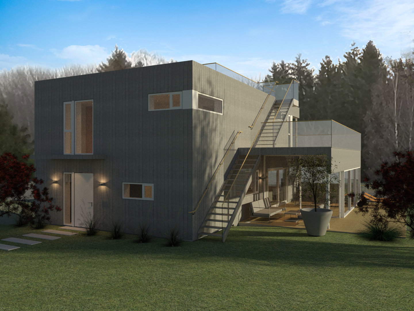 3D-visualisering av en moderne villa med omgivelser