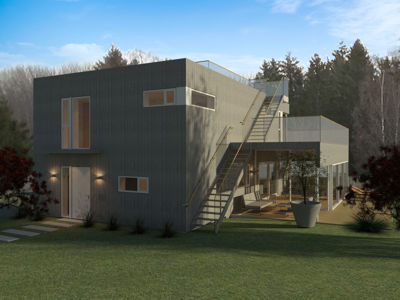 3D-visualisering av en moderne villa med omgivelser