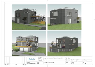 Bildet viser fire 3D-visualiseringer av en planlagt enebolig, inkludert fasade og snittvisninger.