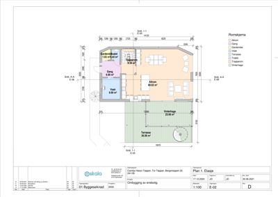 Etasjeplan (Plan 1. Etasje) som viser romfordeling, mål og funksjoner i en bolig.