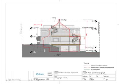 Snittegning (Snitt 1-1) som viser tverrsnittet av en bygning med høydeangivelser og romfordeling.