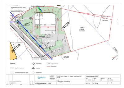 Situasjonsplan som viser tomtsgrenser, bygningens plassering, areal og tilknytning til nabotomter.