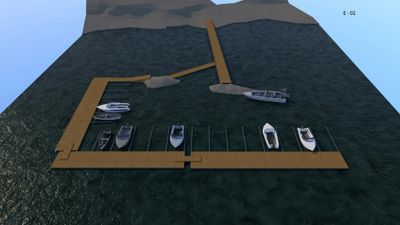 Situasjonsplan som viser plassering av en kai og båtplasser i forhold til landmassen.