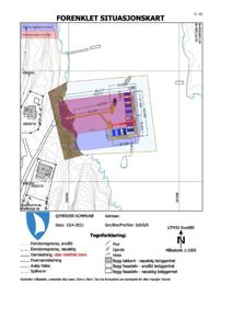 Forenklet situasjonskart som viser tomtens beliggenhet, eiendomsgrenser, vannføringer og bygningers plassering i forhold til kommunegrensene.