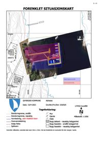 Forenklet situasjonskart som viser eiendomsgranser, bygningers plassering, vannledninger og reguleringsplanområder.