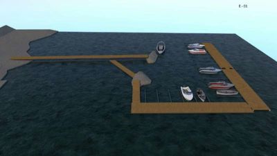 3D-visualisering av en kai med båtplasser og en landforbindelse.