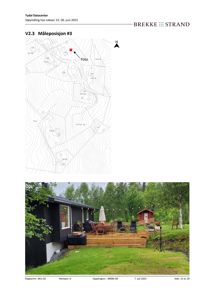 Fotografi av en bygning med terrasse og omgivelser, inkludert en tilhørende bygning i bakgrunnen.