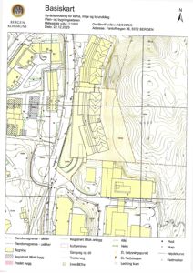 Basiskart som viser eiendomsgrenser, bygninger, vegnett, høydekurver og infrastruktur for en tomt i Bergen.