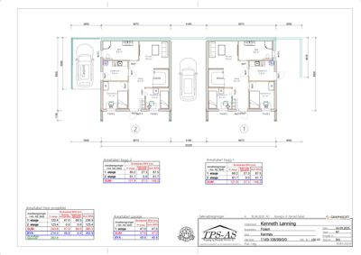 Etasjeplaner for to bygninger (1. og 2. etasje) med romfordeling, dører, vinduer og bilplasseringer.