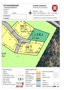 Situasjonskart med reguleringsplan som viser eiendomsinndeling, arealopplysninger (daa), reguleringsformål (boliger, fare, friskiltlinje) og vegkant.