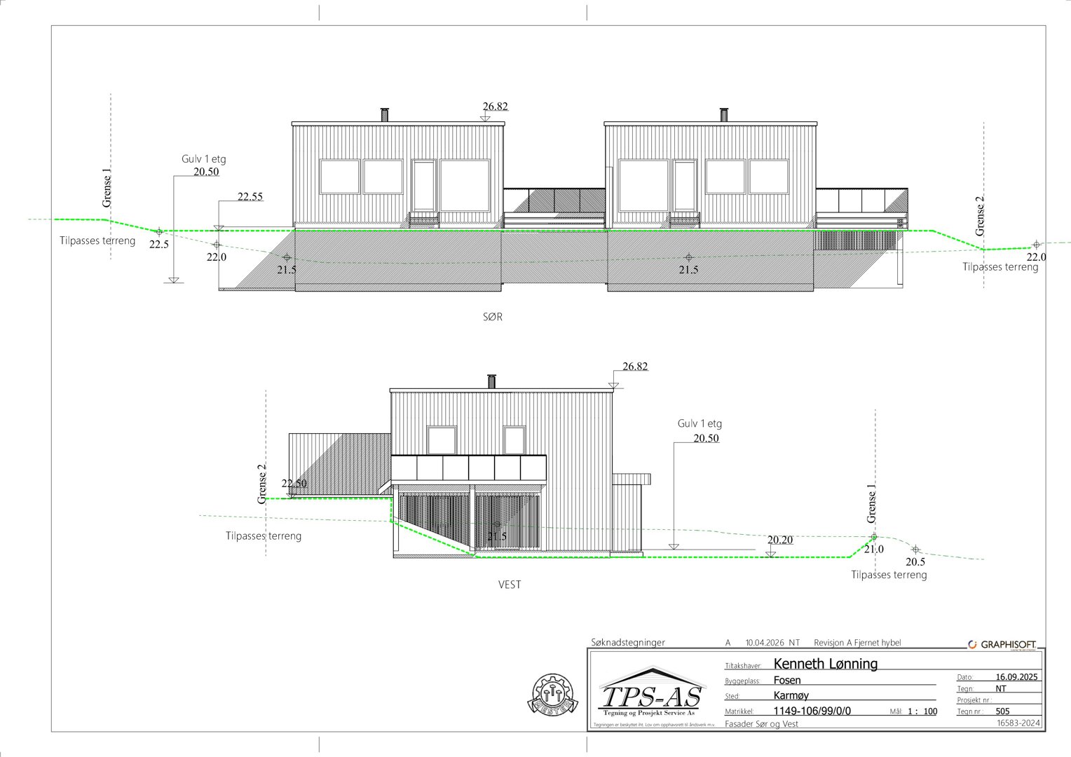 Fasadetegning som viser bygningens utseende og høyder sett fra SØR og VEST.