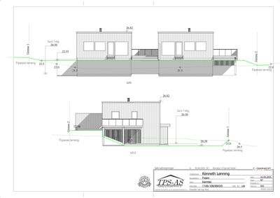 Fasadetegning som viser bygningens utseende og høyder sett fra SØR og VEST.