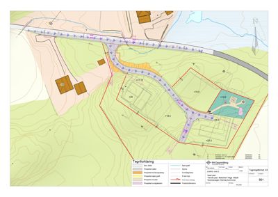 Situasjonsplan som viser tomtens form, høydemåler (konturer), eksisterende og planlagt bebyggelse, veier, gjerder og vannveier.