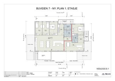 Etasjeplan (1. etasje) for en nybygget bolig på Buveien 7, som viser romfordeling, arealer og fasader.