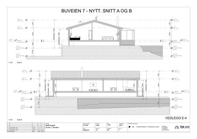 Snittegning (Snitt A og B) som viser bygningens tverrsnitt, høyder, nivåer og konstruksjonsdetaljer.