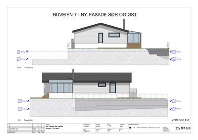 Tegning som viser fasadeoppsett for en bygning sett fra sør og øst, inkludert høydeangivelser og materialer.