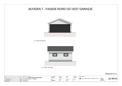 Fasadetegning som viser oppriss av en garasje sett fra nord og vest.