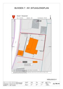 Situasjonsplan for nybygg på Buveien 7 med tomtsgrenser, nabolag og orientering.