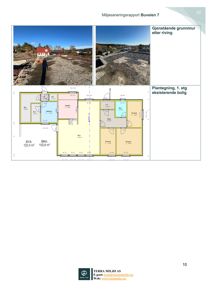 Bildet viser en side fra en rapport som inneholder to fotografier av en tomt etter riving, samt en plantegning av den eksisterende boligen.