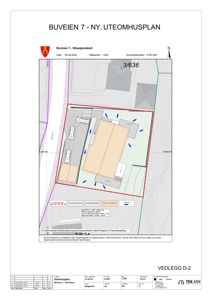 Situasjonsplan som viser tomtens grenser, nabolag, veier og plassering av nybygg.