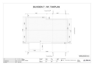 Tegning som viser takplanen (takets form og dimensjoner) for en nybygget takkonstruksjon.