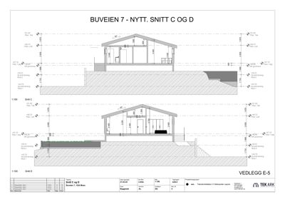 Tegning som viser tverrsnitt (snitt) gjennom en bygning for å illustrere høyder, konstruksjoner og romfordeling.