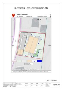 Situasjonsplan for ny uteomhusplan ved Buveien 7. Planen viser tomtens grenser, bygningers plassering, veier og parkeringsområder.