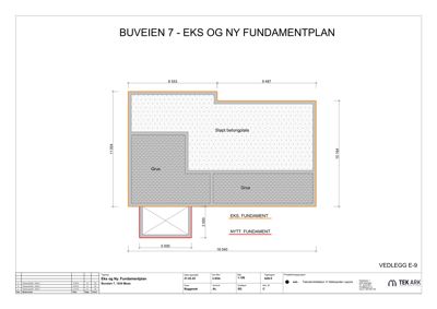 Fundamentplan som viser eksisterende og nytt fundament, samt beliggenhet av grus og støpt beløpsplate.