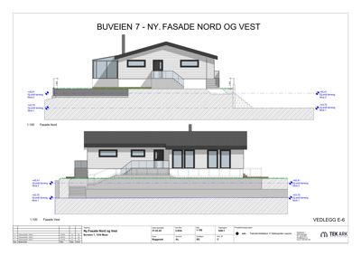 Tegning som viser fasadeoppsett for nybygget på Buveien 7, med oppriss av Nord- og Vestfasade inkludert terrasser og trapper.