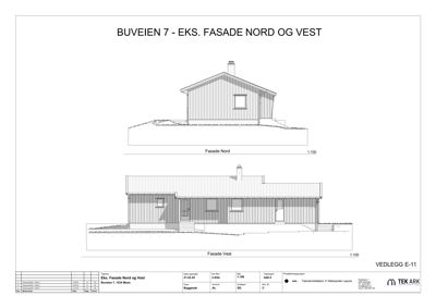 Tegning som viser fasadeopprikk for huset på Buveien 7, med utsnitt av Fasad Nord og Fasad Vest.