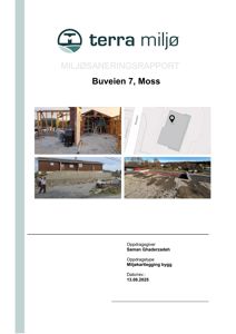 Dokumentdeksel for en miljøsaneringsrapport med fire fotografier av et byggprosjekt i ulike faser.