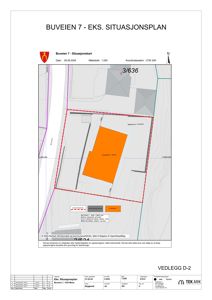 Situasjonsplan som viser tomtens grenser, nabolag, veier og eksisterende bygninger.