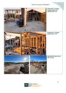 Fotografier fra en riving av en bygning, som viser stående tømmerverk og gjenstående grunnmur.