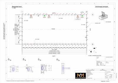 Situasjonsplan som viser grunnplan for en bygning med angitte mål, koordinater og detaljer for ankerpunkter.