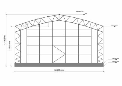 Fasadetegning som viser opprisset av en bygning sett fra siden, med angitte mål og høyder.