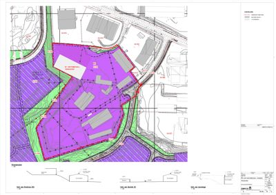 Situasjonsplan som viser tomtens grenser (rød linje), eksisterende og planlagt bebyggelse, terrengforhold (konturlinjer) og tilstøtende infrastruktur.